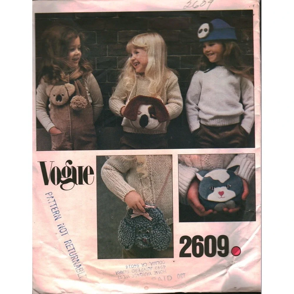 Vintage Vogue 2609 Animal Accessories Pattern Kitten Poodle Panda Koala Muff Hat
