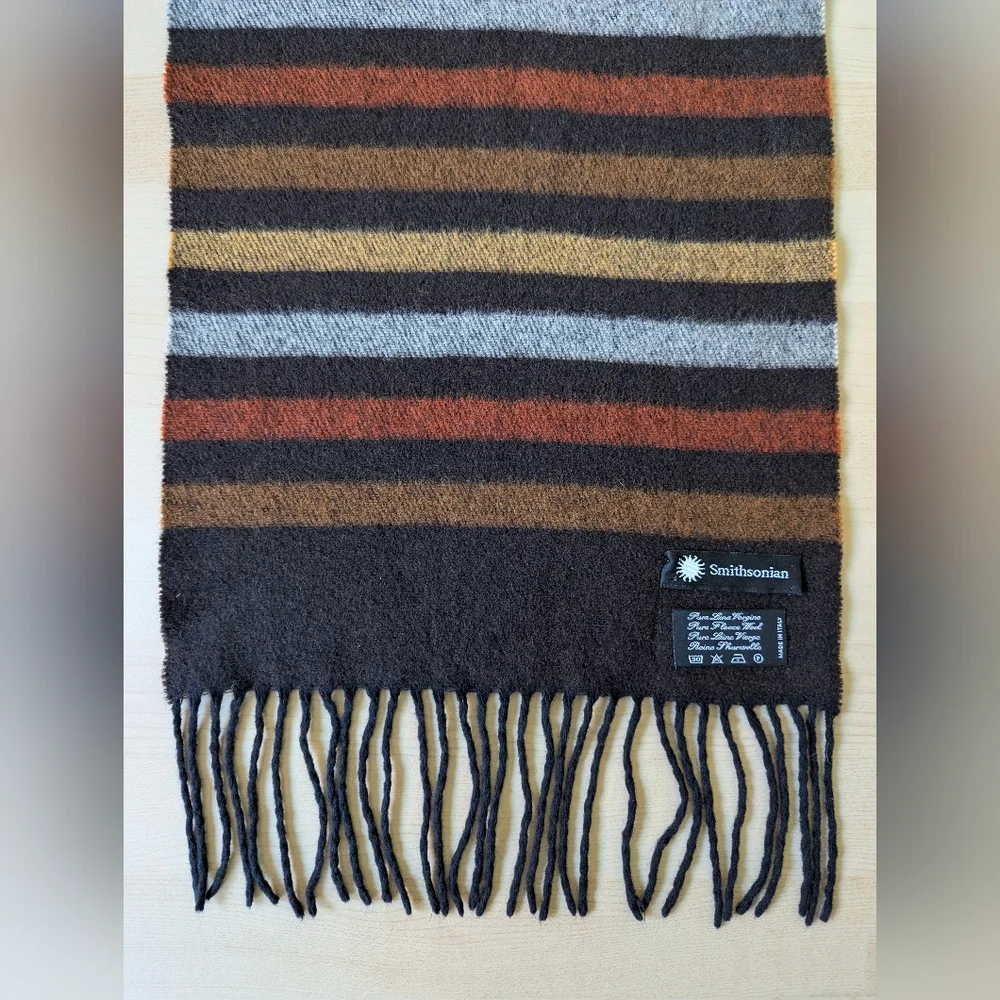 Smithsonian Brown Yellow Orange Striped Scarf Wool‎ Made In Italy