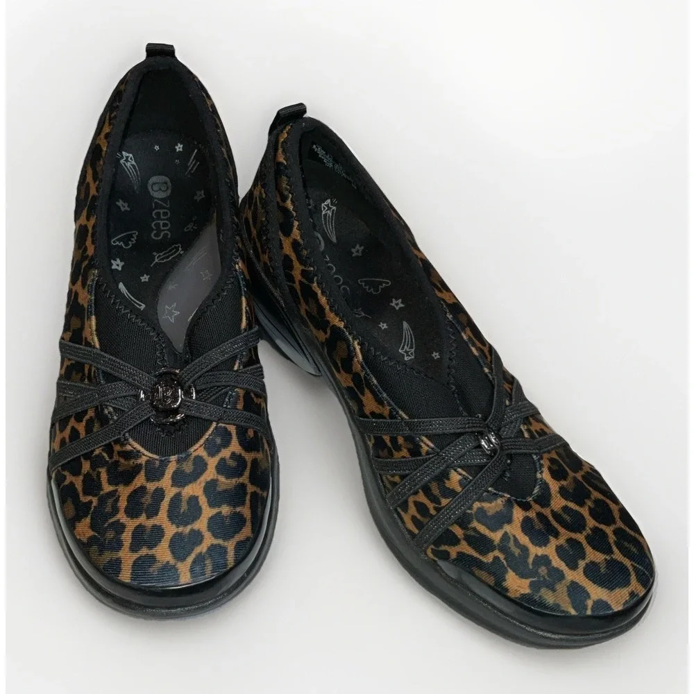 Bzees Women's Melody Comfort Shoes Brown Leopard‎ Print Slip On Wedge Heel 8.5