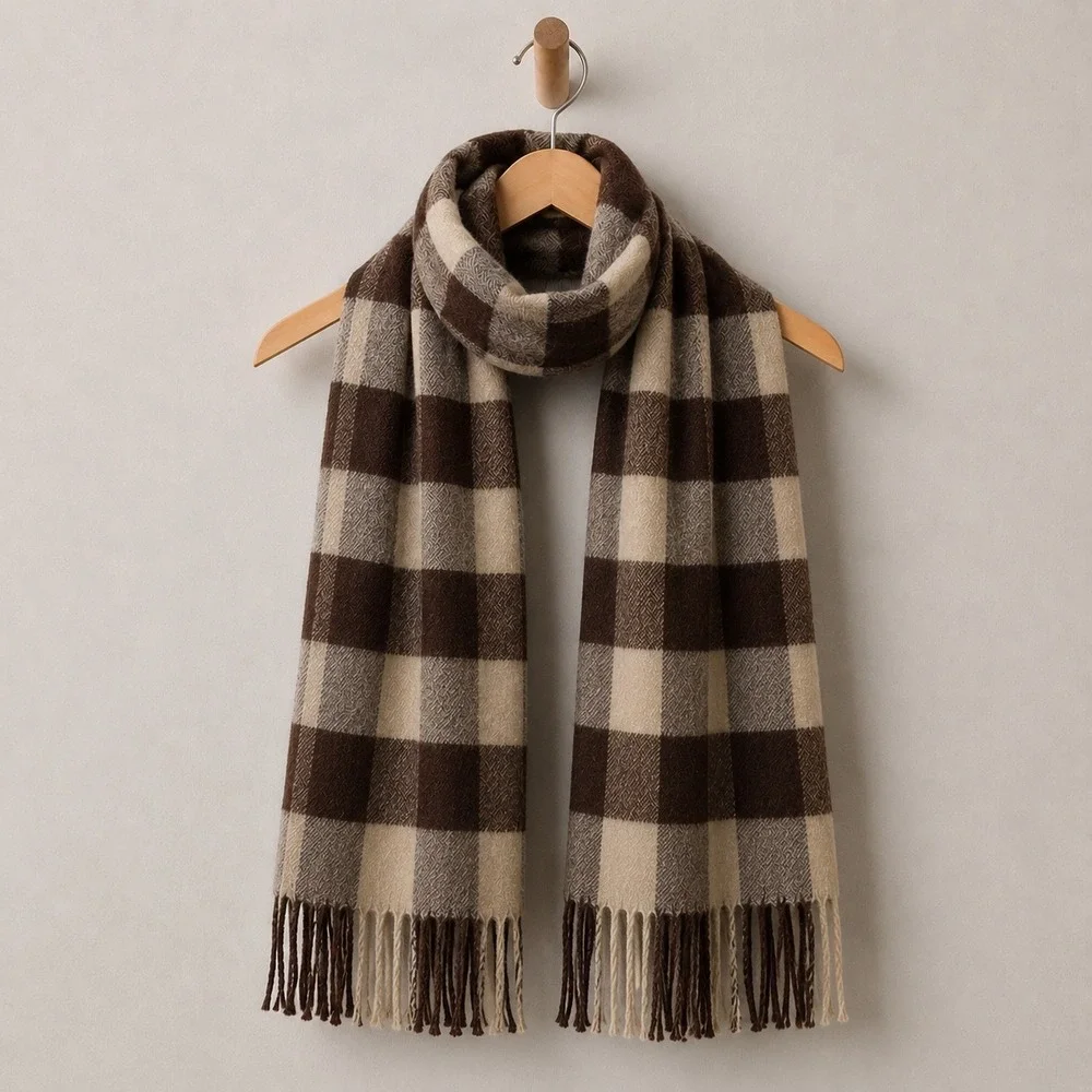Chocolate Brown Buffalo Plaid Scarf Womens‎ Tan Minimalist Quiet Luxury Classic