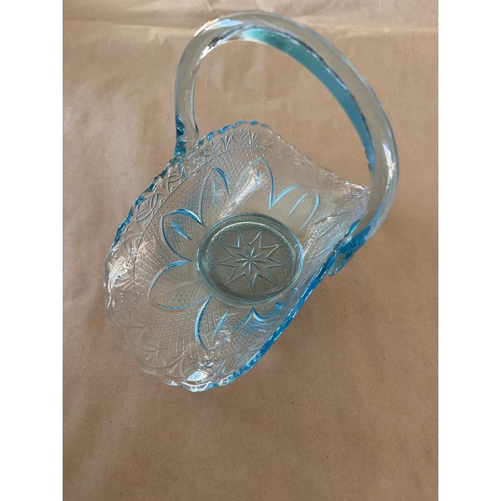Fenton for Princess House Ice Blue Glass Basket Starburst Scalloped Vintage