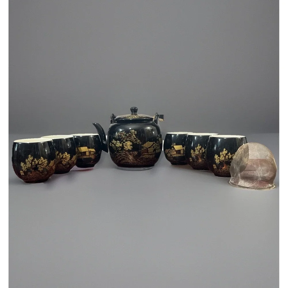 Vintage Dujust Japanese Tea Pot & 6 Cups Black & Gold House & Tree‎ Design