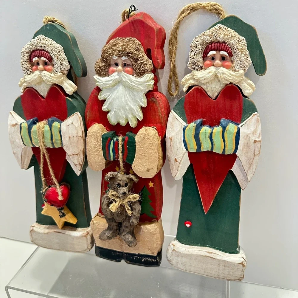 Kurt S Adler Wood Santa Ornaments Set 3 Folk Art Red Green Heart Bear KSA‎ Inc