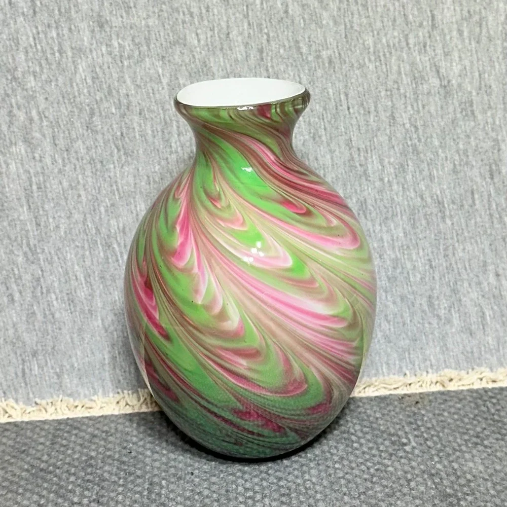 Burton Hand Blown Art Glass Bud Vase Pink Green White Swirl Marbled 6 Inch