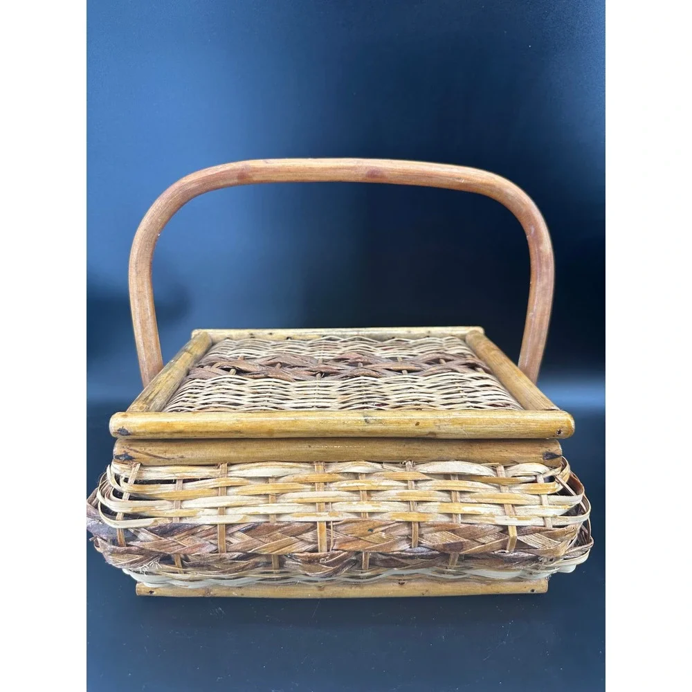 Vintage Wicker Sewing Basket Wood Handle Floral‎ Lined Storage Box Rustic Boho