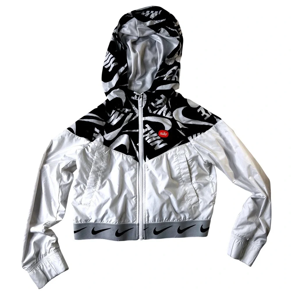 Nike Windbreaker White Black Logo Print Cropped Hooded Jacket Kids Size S‎