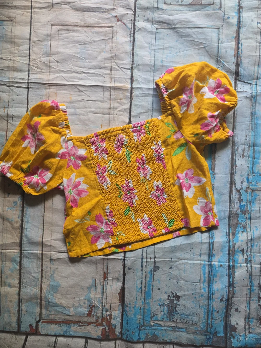 Yellow Floral Smocked Puff Sleeve Girls Top