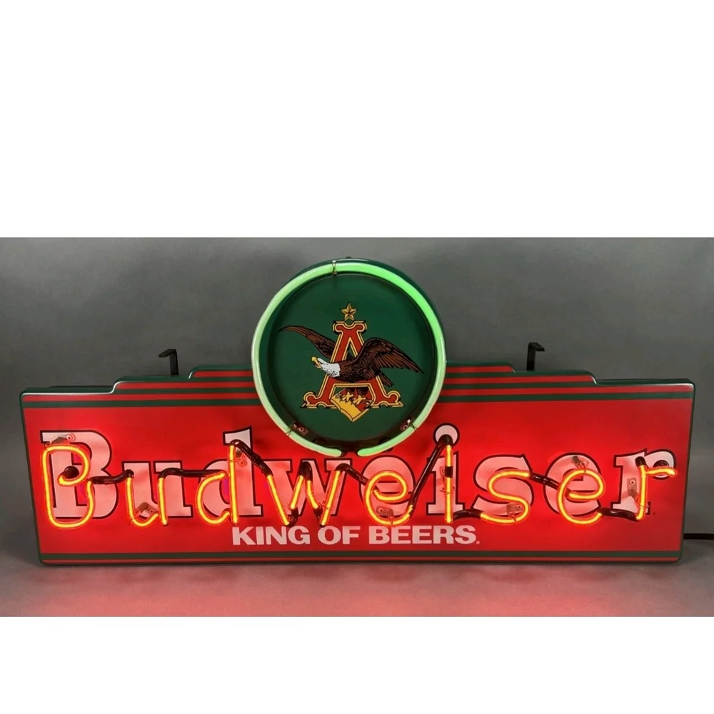 Budweiser Neon Sign in Red, Yellow and Green Crest