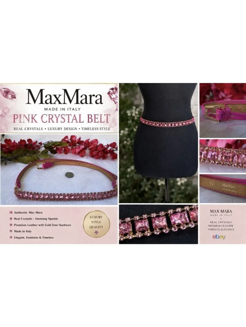 MAX MARA ITALY Thin Pink Crystal Satin Leather Belt M Medium 29-31