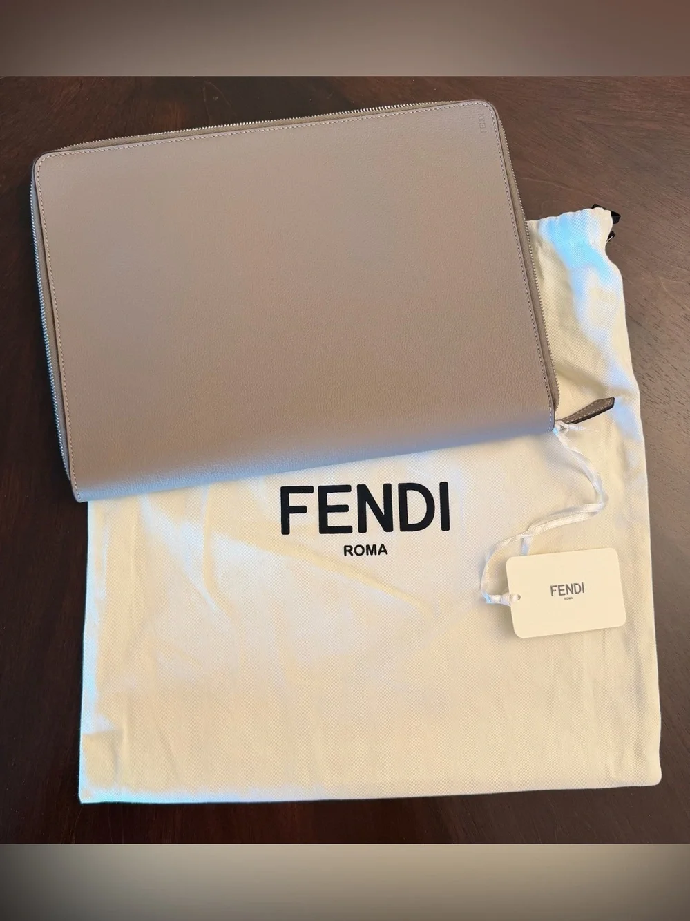 Fendi Leather Zip Portfolio — Taupe Gray
