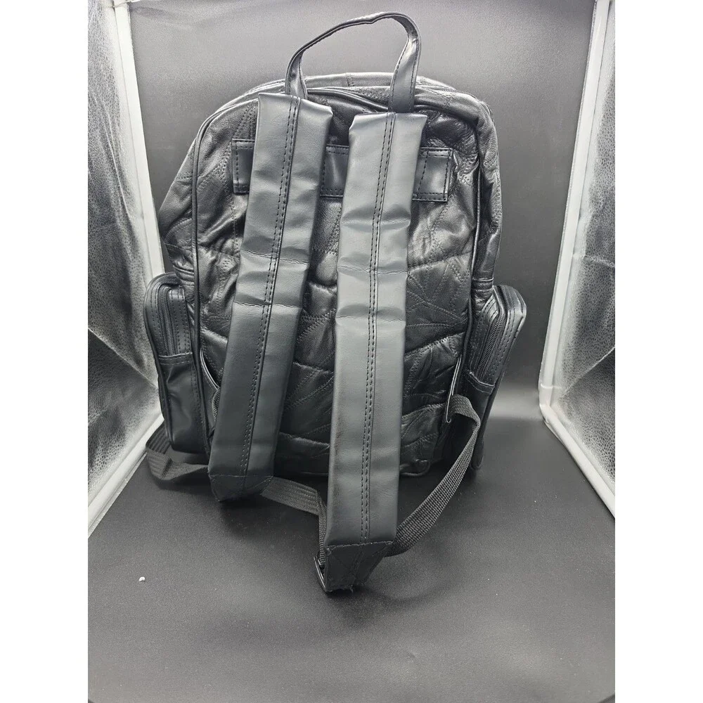 Vtg Pioneer Express Black Patchwork Genuine Leather Backpack Multi Pocket Goth