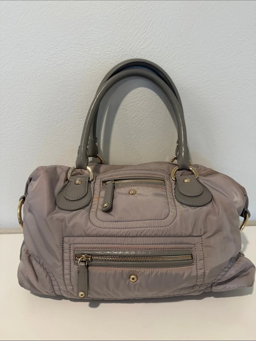 Tod's Taupe Nylon Satchel with Gray Patent Handles