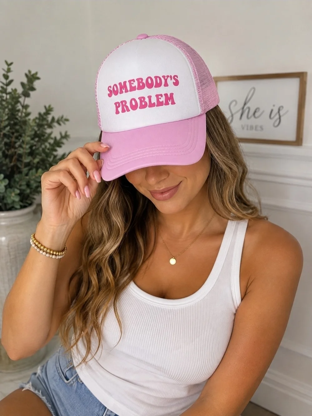 0905 Pink 'Somebody's Problem' Women's Trucker Hat