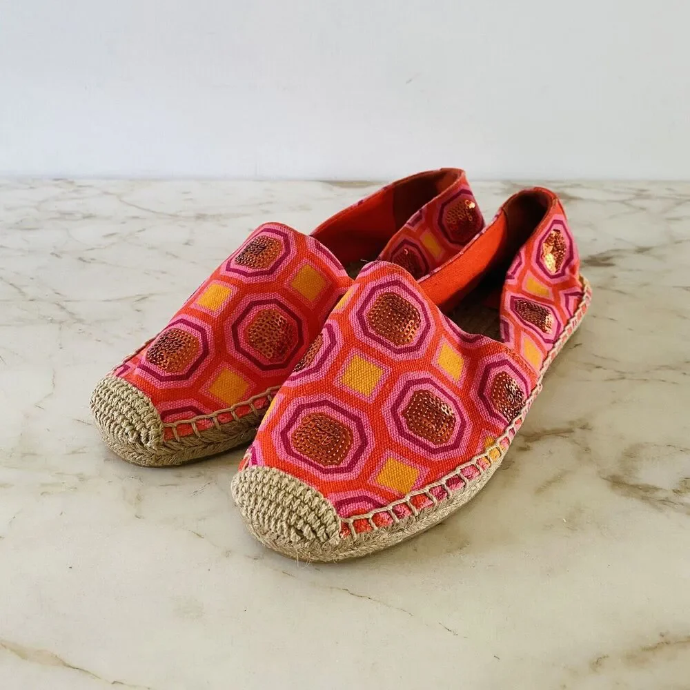 TORY BURCH Vivid Orange Octagon Sq Cecily Embellished Espadrille Flats - US 7