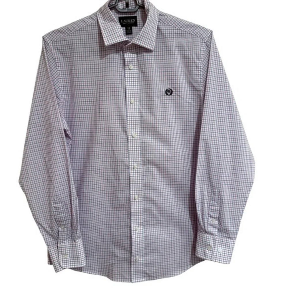 Ralph Lauren Boys Button Up Oxford Shirt White Plaid Crest Logo size 18 Youth