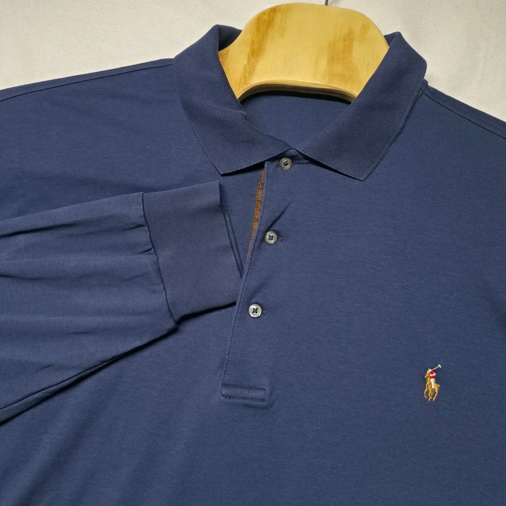 Polo Ralph Lauren Polo Shirt Men's 2XLT Navy Blue Long Sleeve Jersey Cotton Pony
