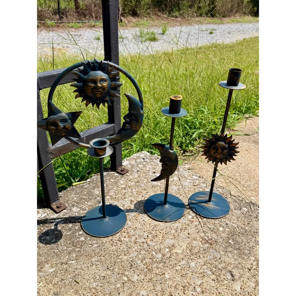 Vintage Celestial Sun Moon Star Metal Taper Candle Holder Set 3 Piece Verdigris
