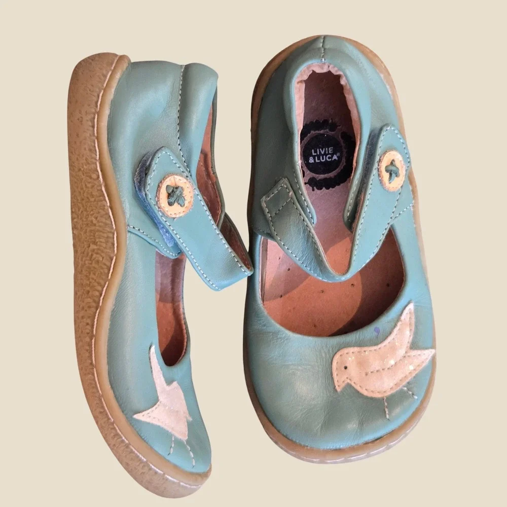 Livie & Luca Turquoise Blue Leather Bird Mary Jane Shoes Kids Girls Size 9