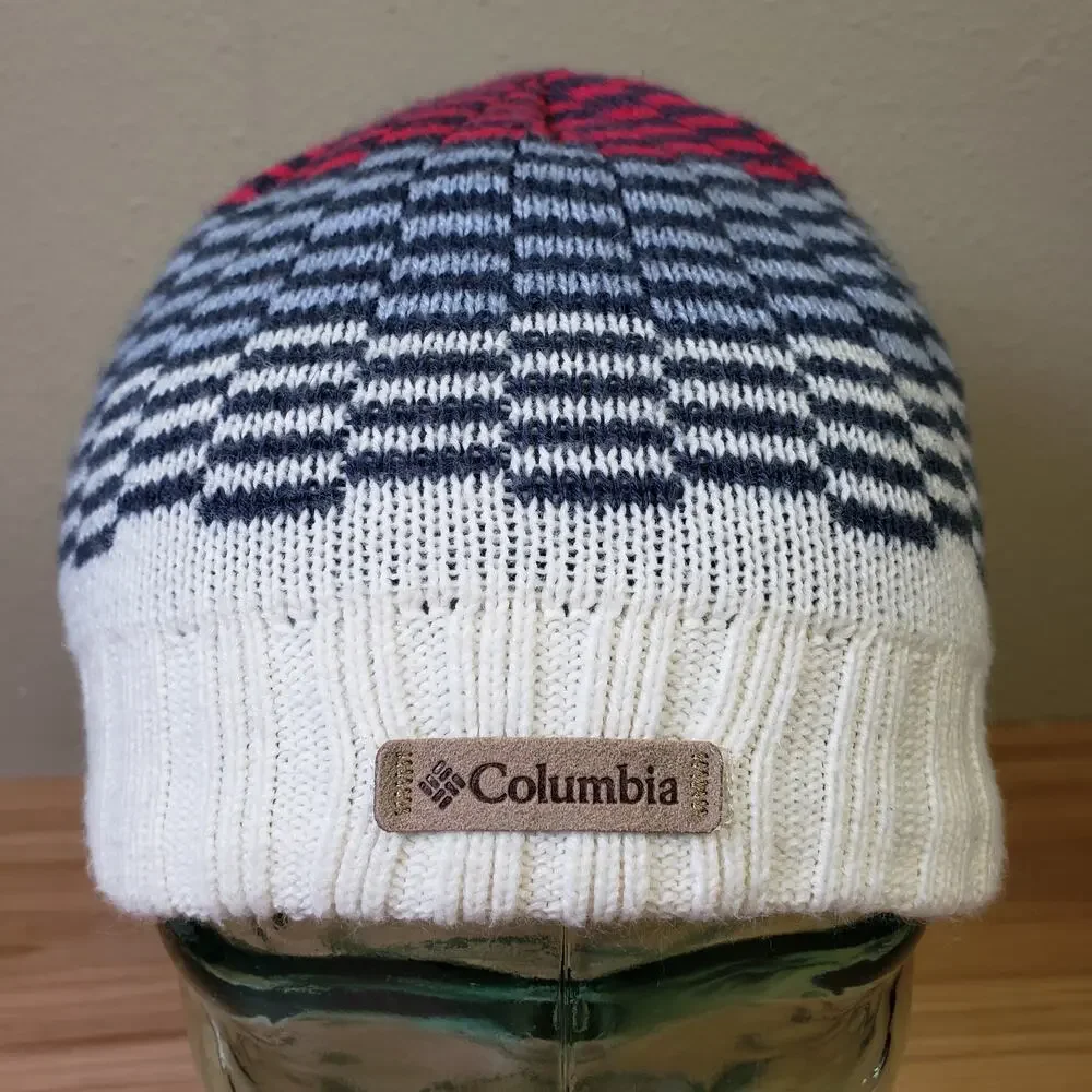 Columbia Youth Checkerboard‎ Skull Beanie Cap Red Blue Cream Fleece Lined Winter