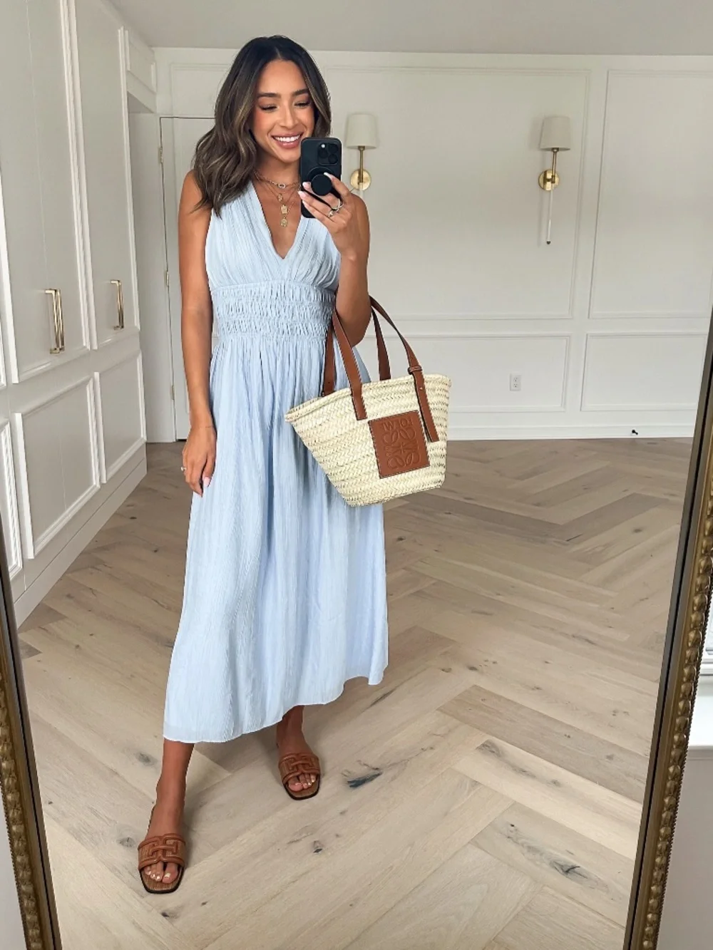 Abercrombie & Fitch Crinkle Textured Smocked Waist Maxi Dress Blue Grecia XSP