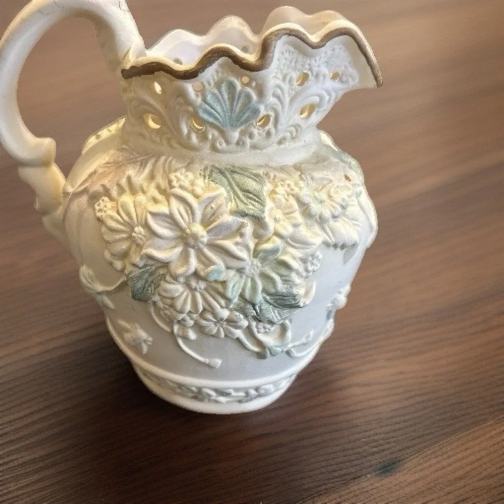 Capodimonte Porcelain Floral Pitcher Vase Reticulated Scalloped 7
