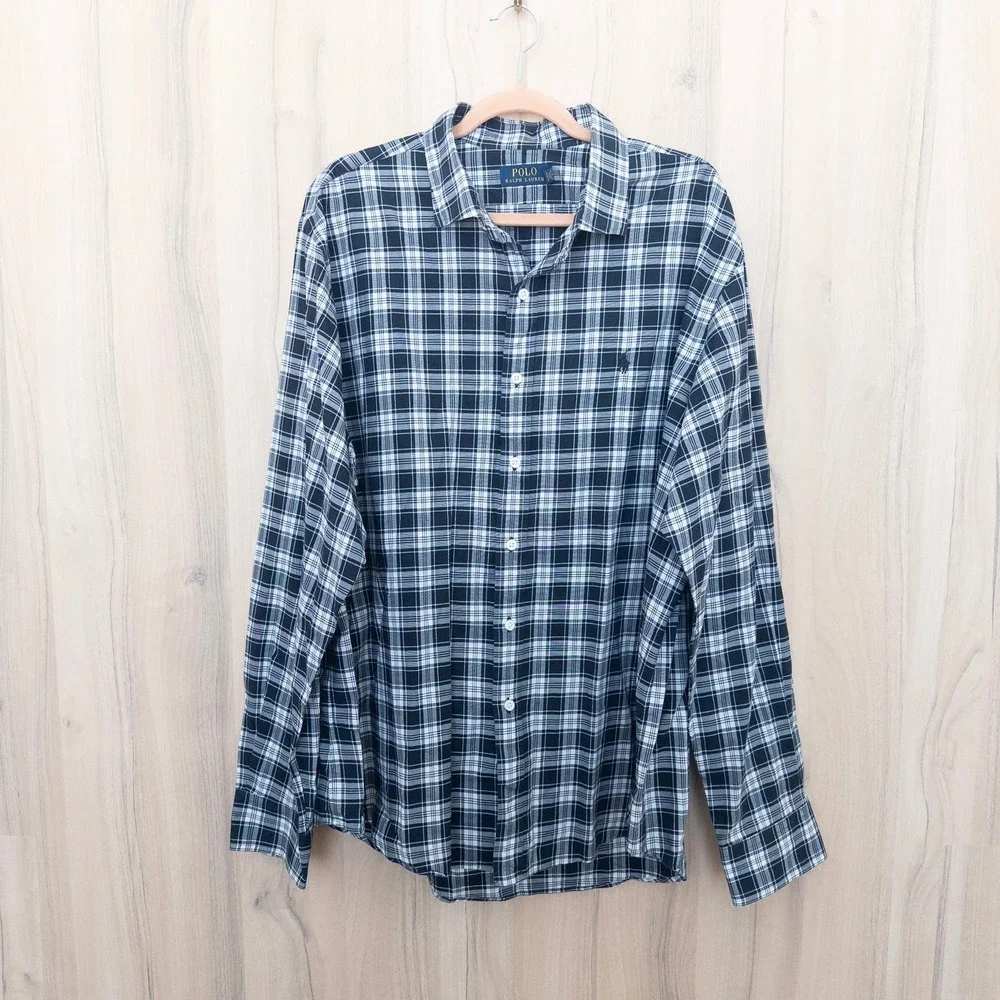 Polo Ralph Lauren Mens Plaid Long Sleeve Shirt XXL Navy White Plaid Button Down