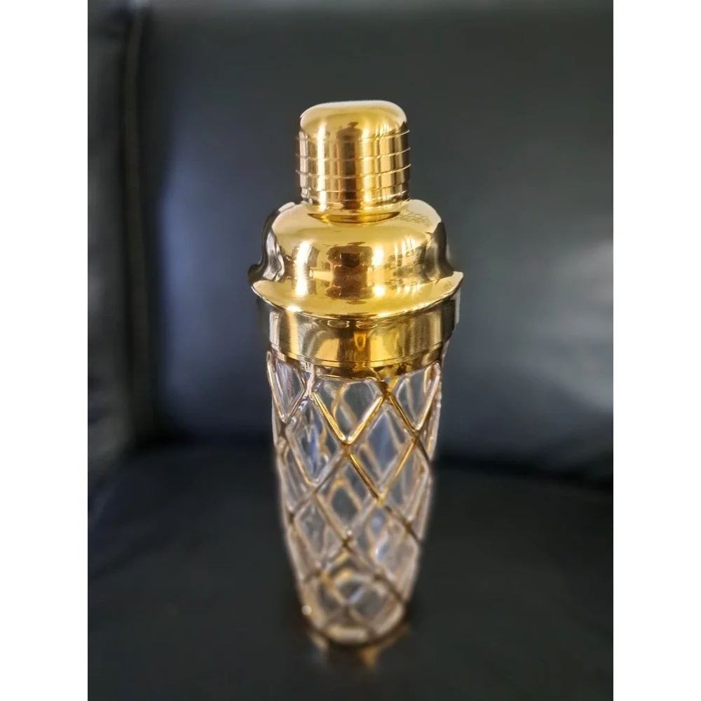 Vintage Glass 18K‎ Gold Joseph Altuzarre Gold Lattice Martini Shaker