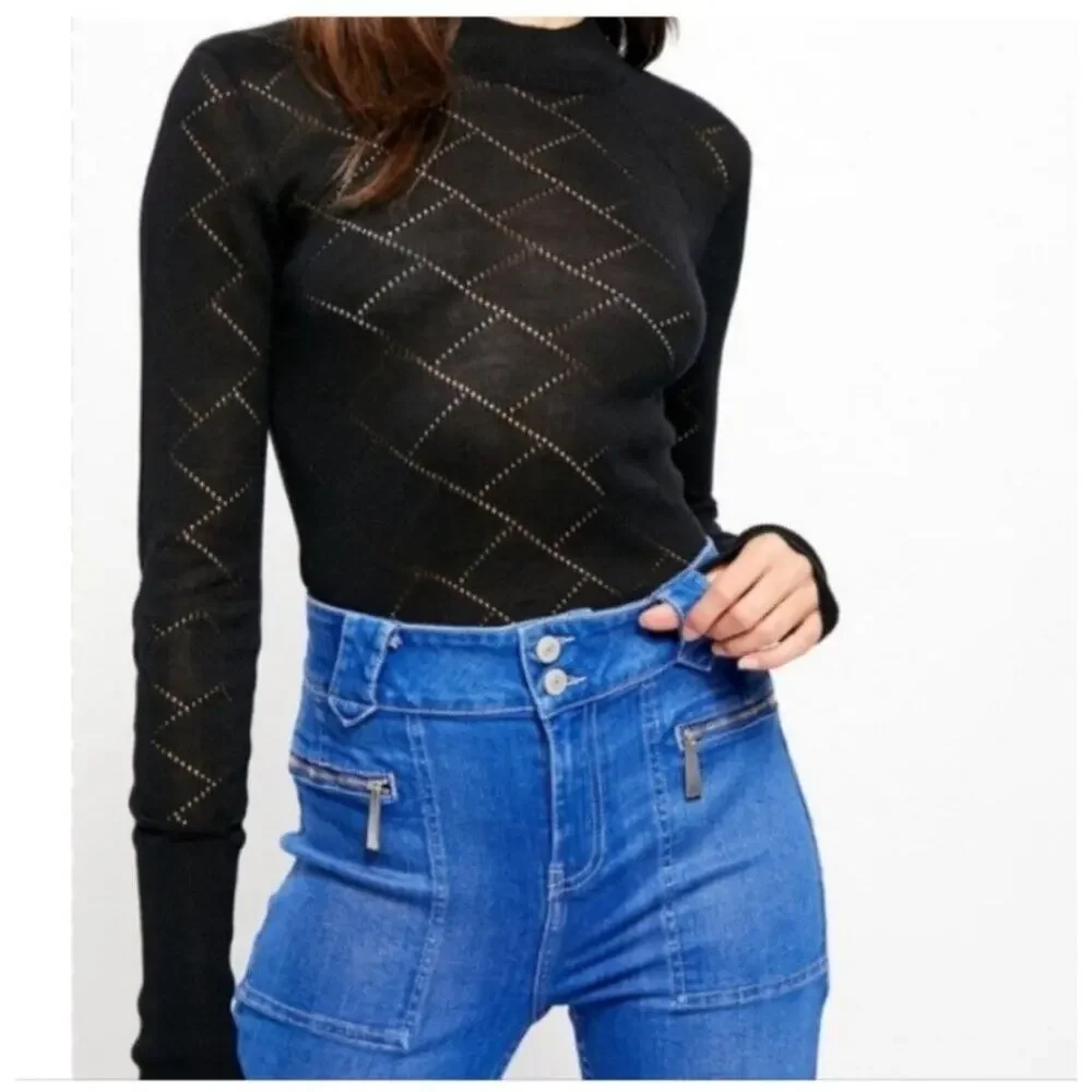 Free People Intimately What's‎ The Pointelle Black Long Sleeve Bodysuit XS