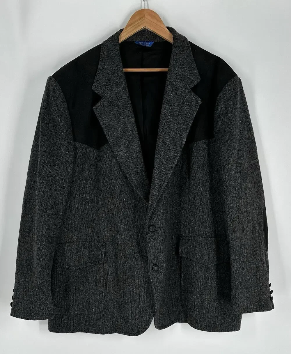 Vintage Pendleton Western Wear Blazer Jacket 52 Wool Herringbone Suede Patch USA