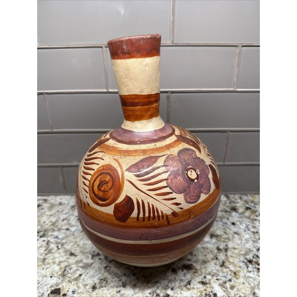 Vintage Tonala Mexican Vase  Jug Water‎ Pitcher Vessel 13 Inches Hand Painted