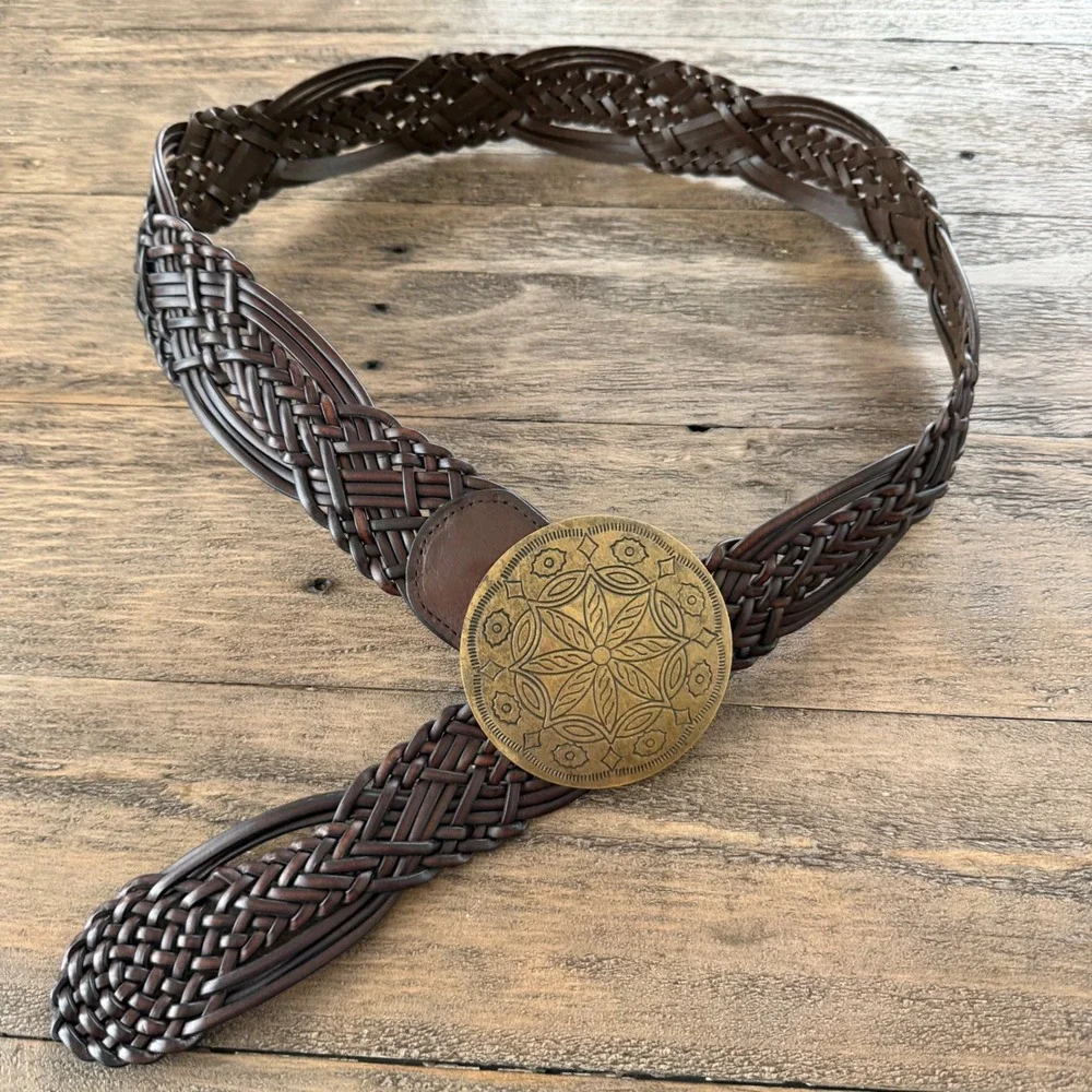 NY‎ & Co Brown Braided Leather Western Belt Antique Brass Medallion Buckle 43