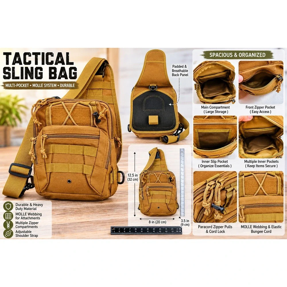 Khaki Tactical Sling Bag Canvas‎ MOLLE Shoulder Pack Crossbody Messenger Tan