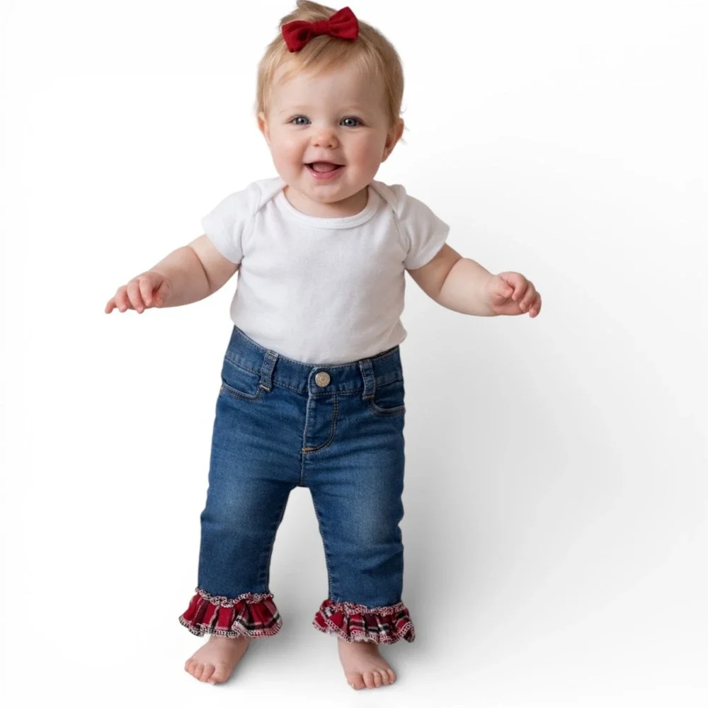 Old Navy Baby Girls Ballerina‎ Jeans Plaid Ruffle Hem Blue Denim Pants 6-12M