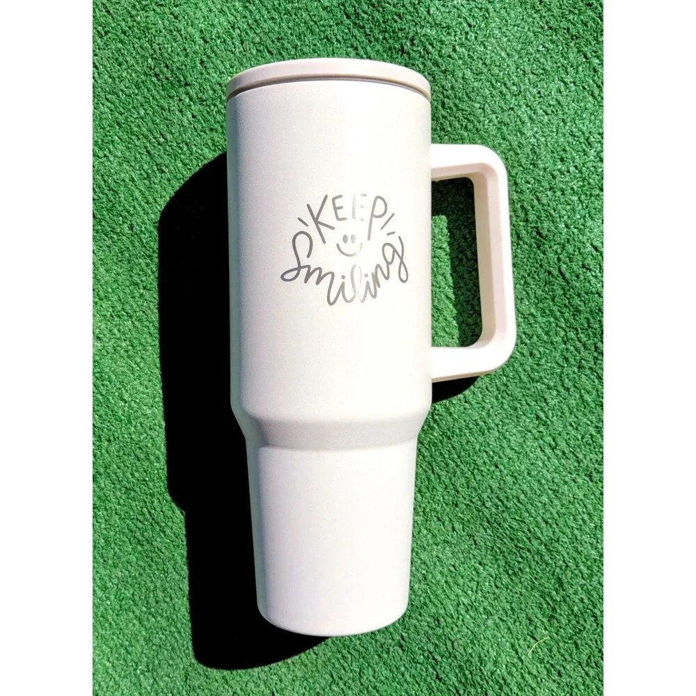 Keep Smiling Etched40oz Pearl Stainless Steel Tumbler Grip Mug Cup+Lid/Straw New
