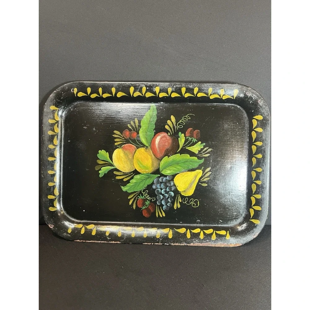 Vintage Black Hand Painted Fruit Metal Tray,‎ 17.25x12.25