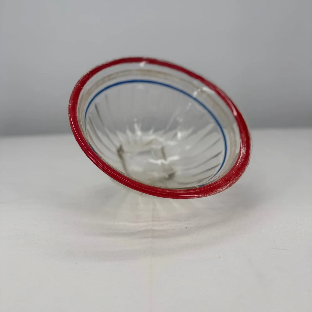 ANCHOR HOCKING VINTAGE GLASS Bowl Red Blue Stripe Clear‎ Fluted Serving Bowl 9in