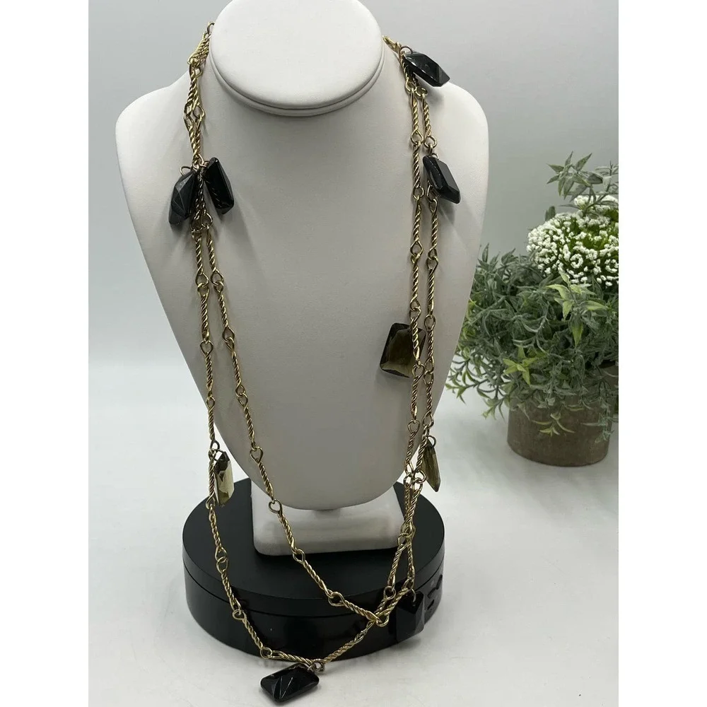 J. Crew‎ Smoky Quartz Jeweled Long Strand Station Gold Tone Necklace