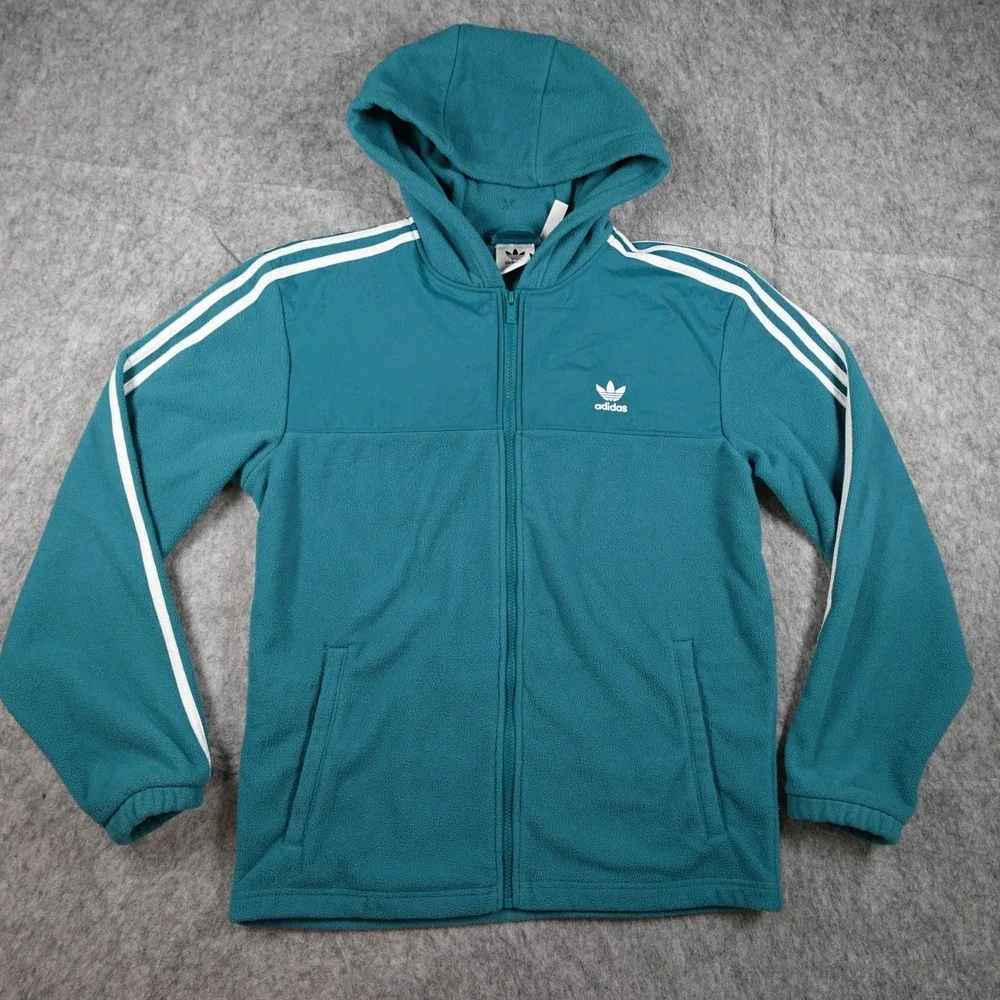 Adidas Hoodie Mens Small Teal 3‎ Stripes Teddy Fleece Hoodie Full Zip Turquois