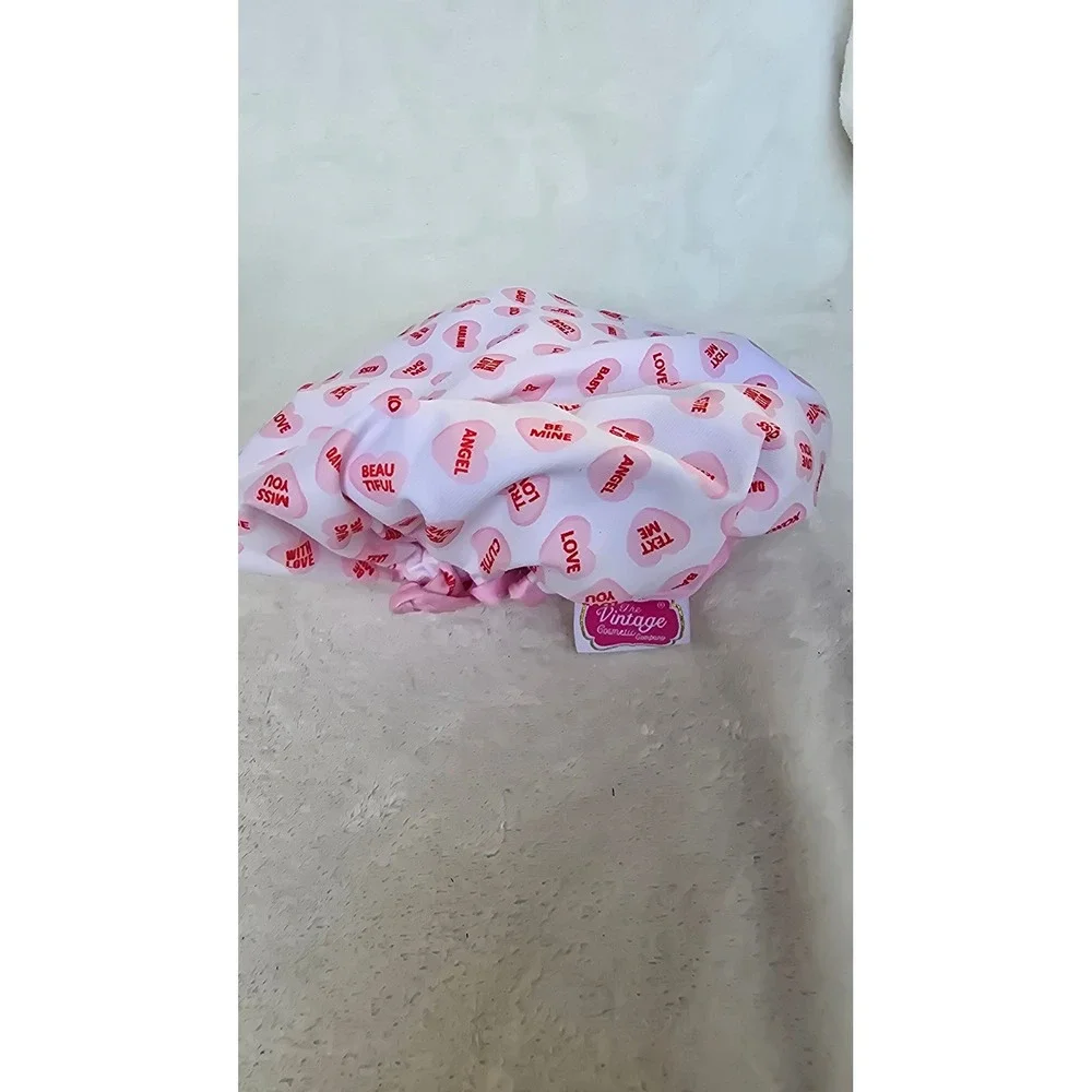 The Vintage Cosmetic Company Pink Conversation Heart Shower Cap Retro Style