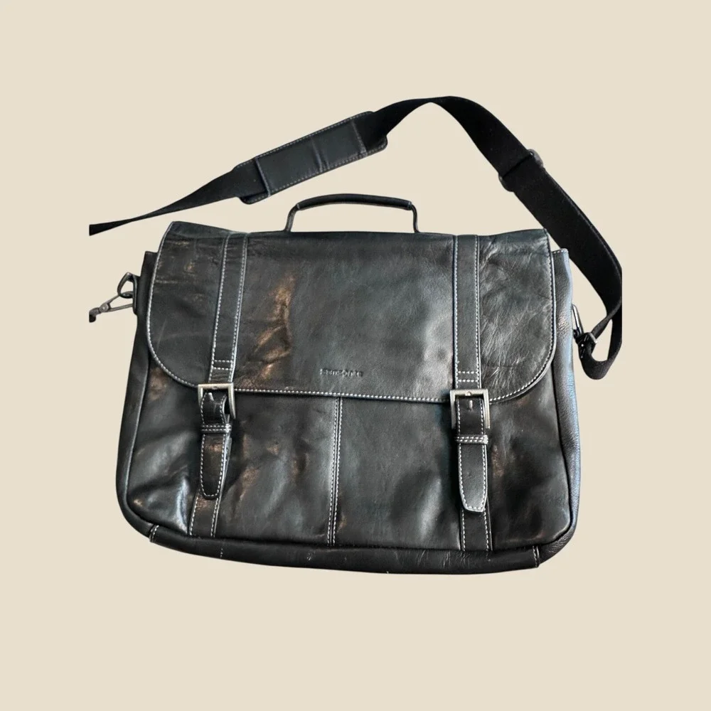 Samsonite‎ Black Leather Messenger Bag Laptop Briefcase Flap Over Crossbody