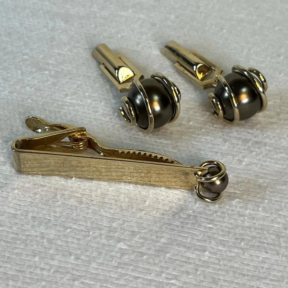 Vintage SWANK Gold Tone w/ Gray‎ Pearl/Bead Cuff Link Tie Tac Set Formal Wedding