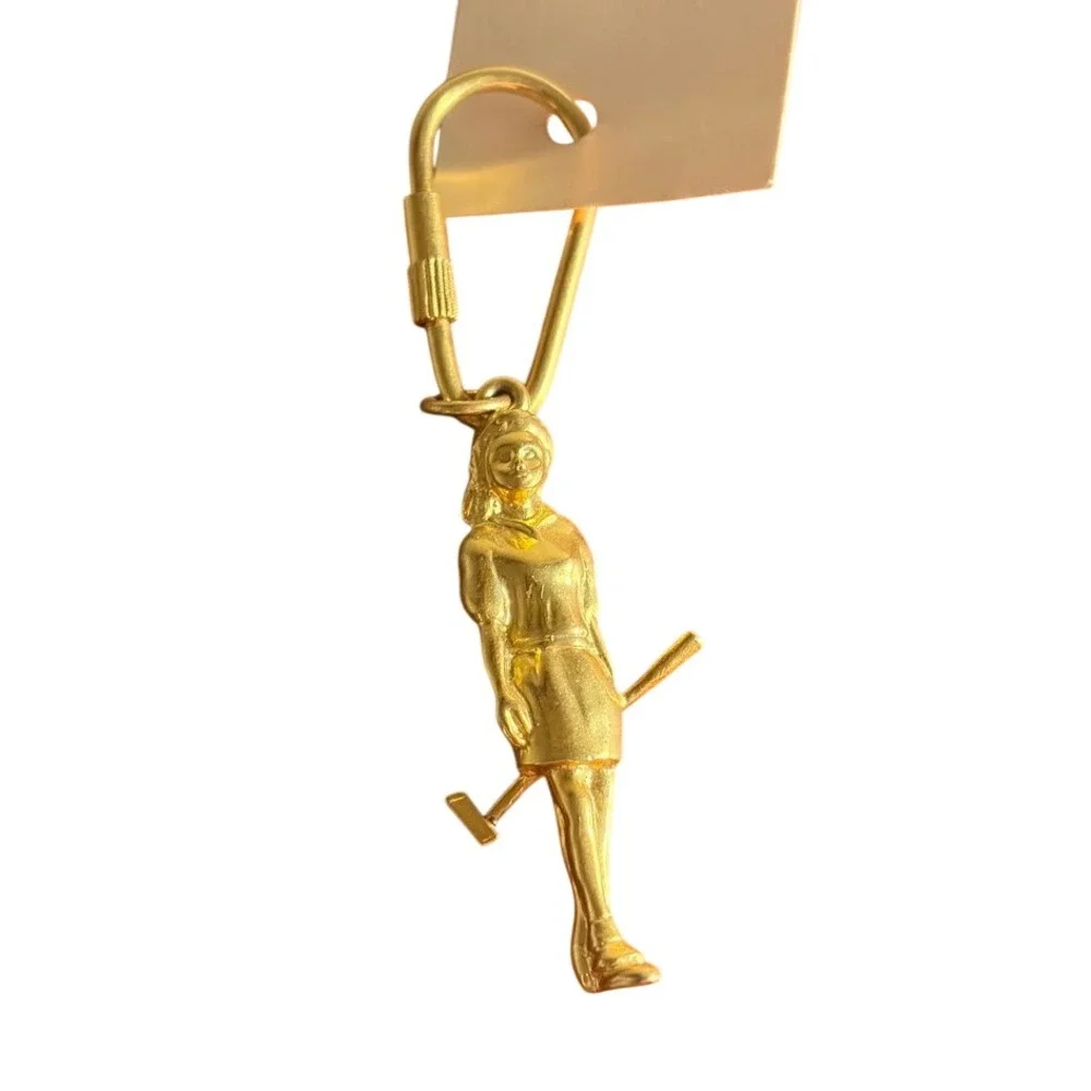 Vintage Gold Tone Female Golfer Keychain Figural Sports Bag Charm Screw Clasp