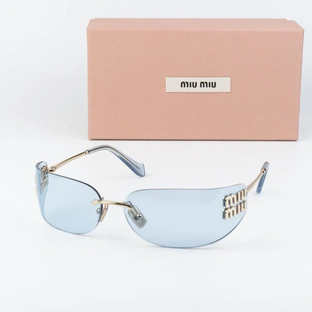 Miu Miu Men Sunglasses Gold Blue Rectangle Rimless MUA51S ZVN10P NEW AUTHENTIC