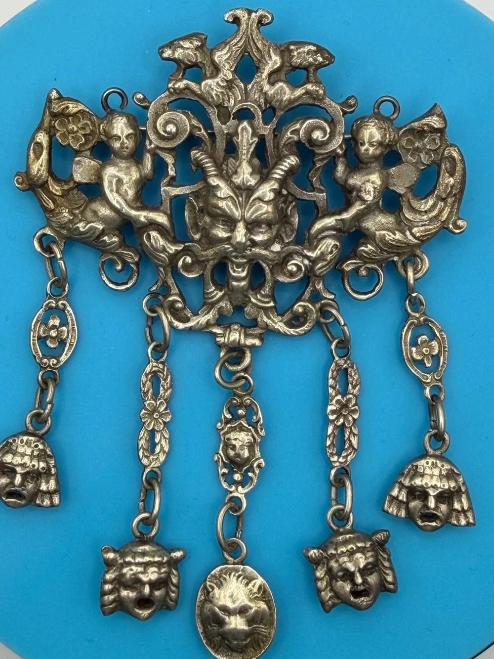 Antique Italian 800 Silver Florentine Lily Peruzzi Satyr Mask Brooch Pendant