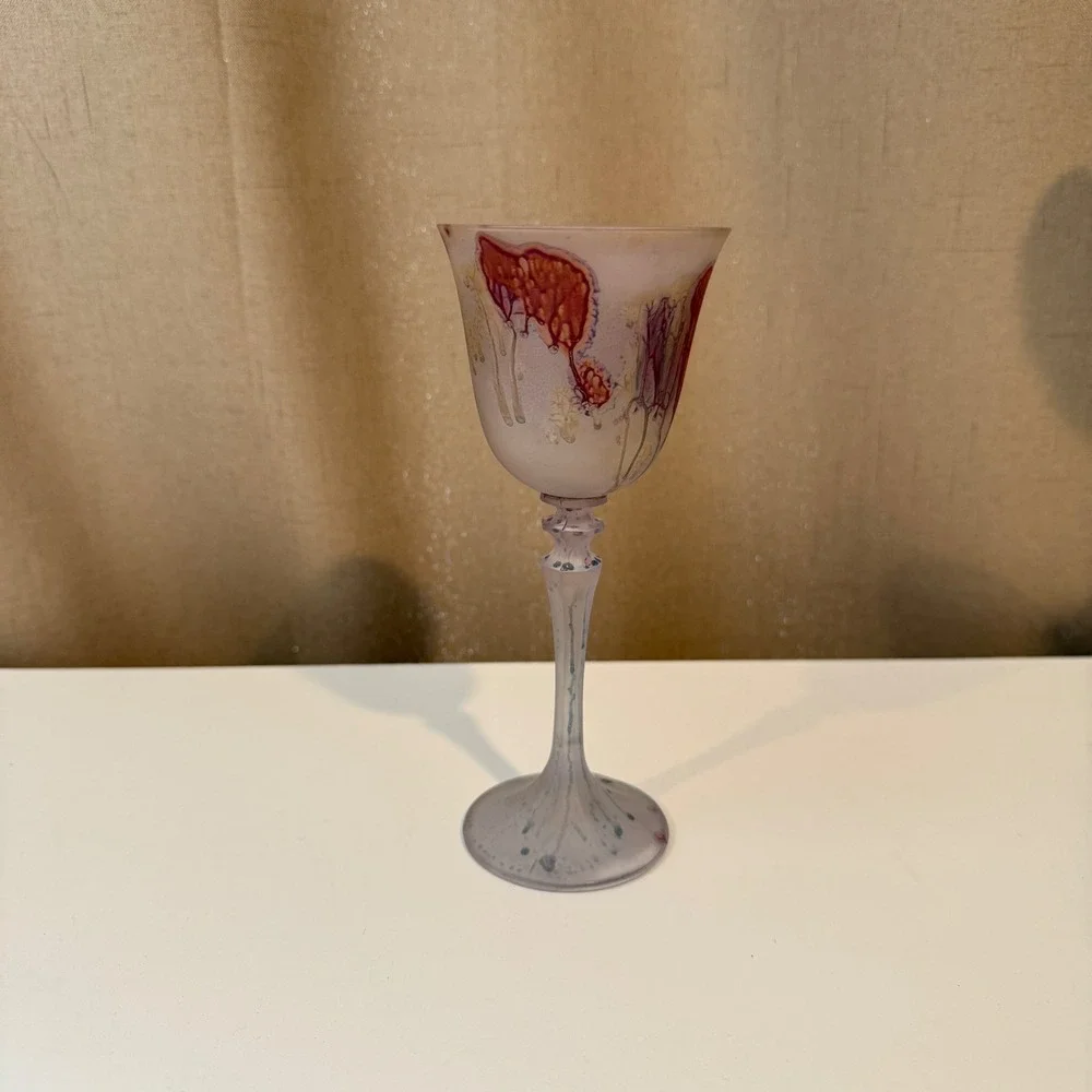 Artisan Hand Blown Frosted Glass‎ Wine Goblet Abstract Floral