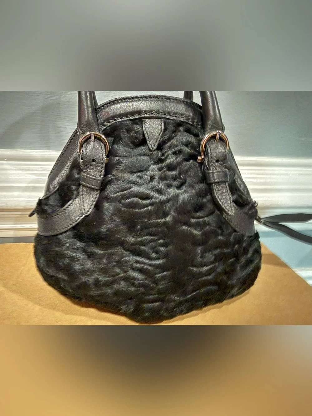 Salvatore Ferragamo Black Pony Hair Mini Top Handle Bag Made in Italy