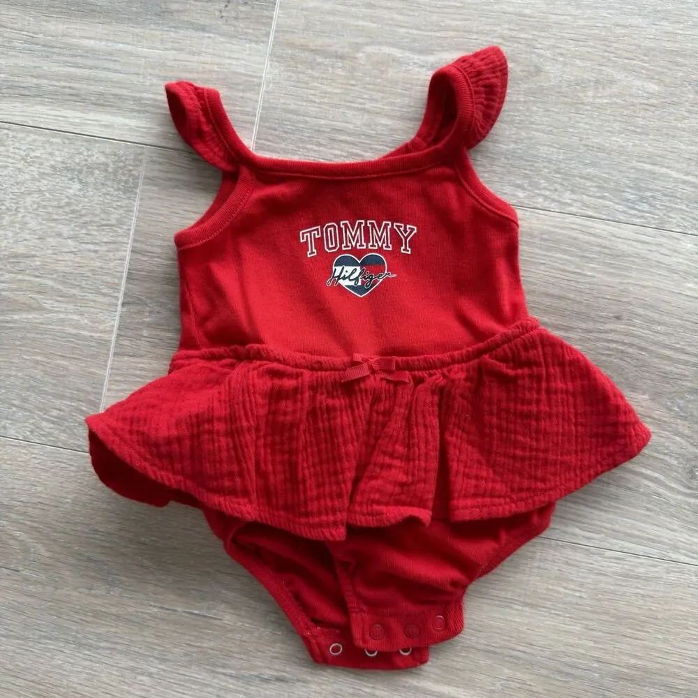 Tommy Hilfiger Baby Red Ruffle Bodysuit Dress Heart Logo 0-3M USA Preppy Classic