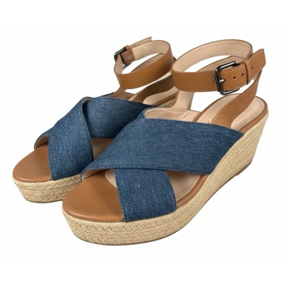 French Connection Liora Denim Espadrille Wedge Sandals Ankle Strap Size‎ 7