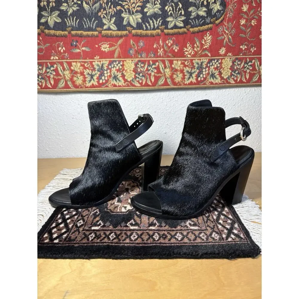 rag bone wyatt black pony hair slingback open toe bootie block heels designer 9