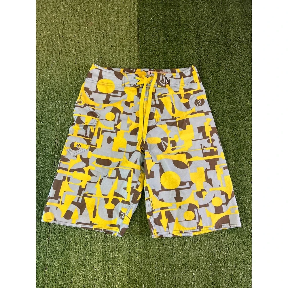Volcom Board Shorts Mens 30 Yellow Grey Geometric Abstract‎ Print Swim Trunks